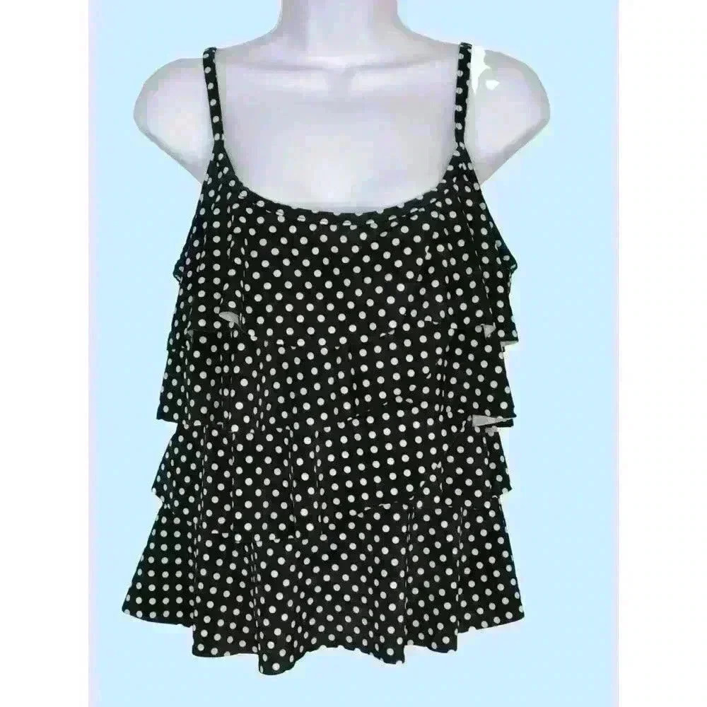 Miraclesuit tankini top size 8 adjustable straps bra ruffles black polka dot